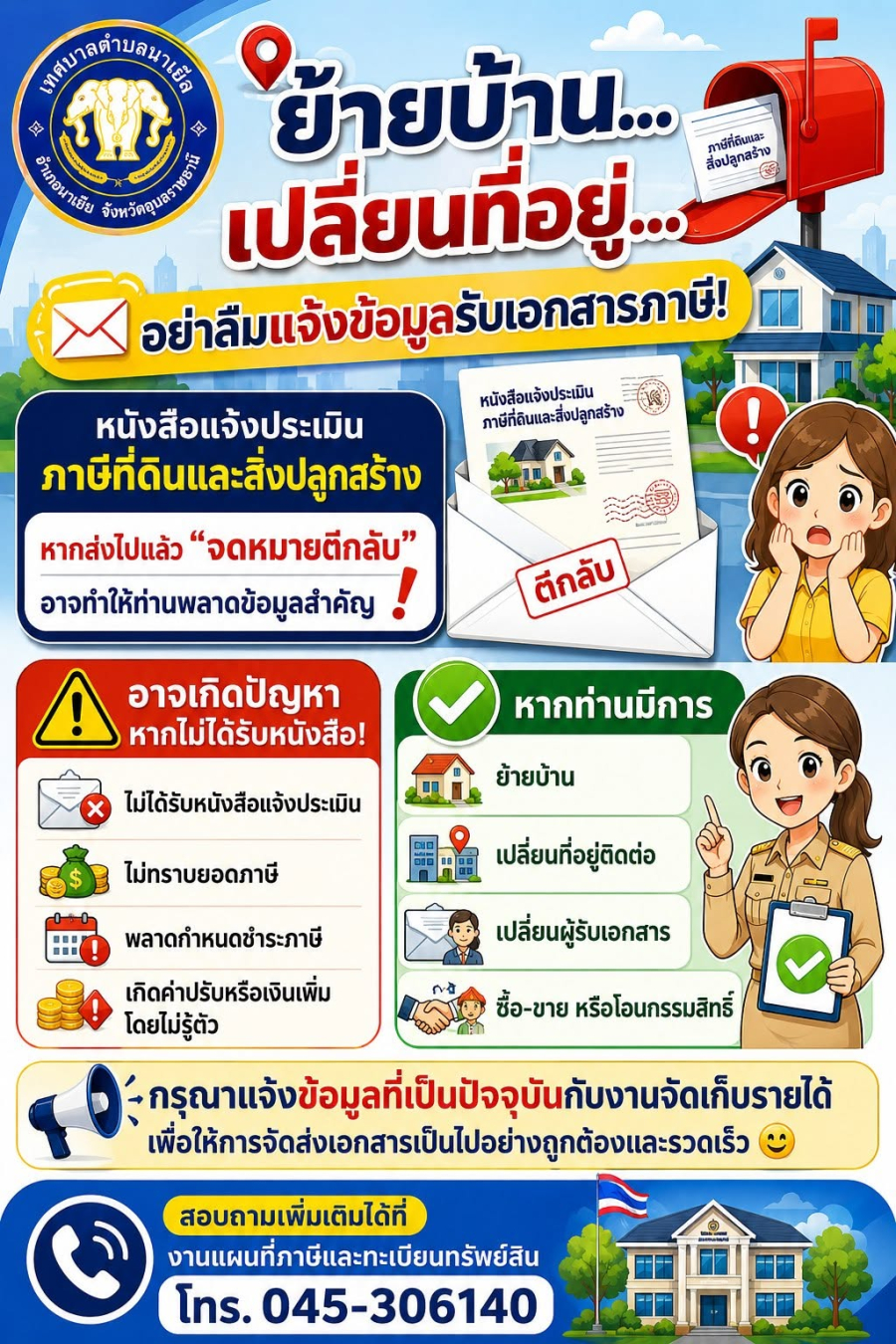 ประชาสัมพันธ์ ย้าย บ้านเปลี่ยนที่ อยู่อย่าลืมแจ้งข้อมูลรับเอกสารภาษี